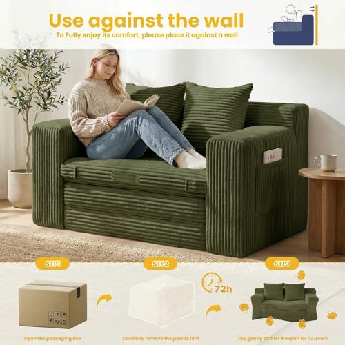 Boneless Loveseat Sleeper Sofa Bed: 3-in-1 Convertible Sofa Bed with Side Pockets & Handle,Pull Out Couch with 2 Pillows,Folding Futon for Small Space,Living Room & Bedroom,Green - color: A-green, size: 2 Seater Sofa