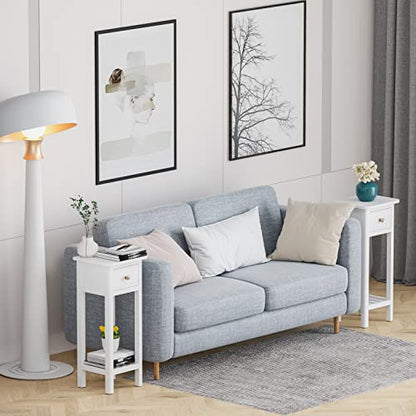 Narrow End Table, Tall Nightstand with Drawer & Shelf, Small Bedside Table w/Anti-Tipping Device, No Assembly, White - color: White