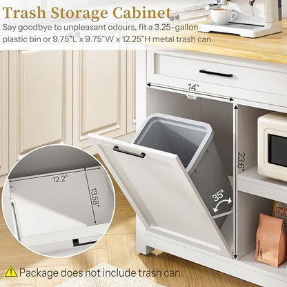 Kitchen Island with Storage and Seating Include 2 Bar Stools, Drawers,White | 47" Solid Rubberwood Top Kitchen Island with Trash Can Storage, Power Outlet, 6 Hooks, Coffee Bar Cabinet, Dining Table for 2 - color: White