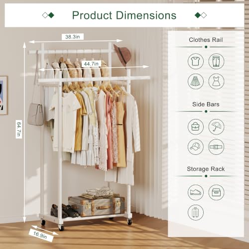 Lutown-Teen Metal Clothes Rack with Lockable Wheels, Double Rods, White | Clothing Rack Heavy Duty with Storage Rods, 150 LB Capacity Garment Rack, Easy Assembly - color: White, size: Double Rods