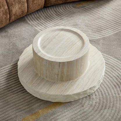 Round Nesting Coffee Table with Faux Mars Pattern for Living Room, Modern Fiberglass Circle Travertine Center Table with Base, Faux Stone Tea Table, No Need Assembly, 31.7"+23.8" (Beige) - color: G-31.69"+23.82" Beige