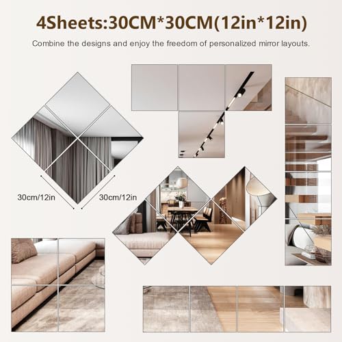 Shiftshade 4 Pack Wall Mirror Full Length, 12 x 12 Inch Acrylic Mirror Tiles, Shatterproof Flexible Plastic Mirror Sheets for Bedroom Home Gym Door - size: 12x12inchx4pack