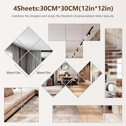 Shiftshade 4 Pack Wall Mirror Full Length, 12 x 12 Inch Acrylic Mirror Tiles, Shatterproof Flexible Plastic Mirror Sheets for Bedroom Home Gym Door - size: 12x12inchx4pack