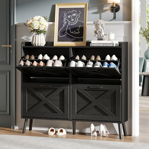 Maupvit Large Shoe Storage Cabinet with 4 Flip Drawers, Narrow Shoe Cabinet for Entryway with Wooden Legs, Freestanding Hidden Shoe Rack Organizer ＆ Metal Hinges, Black - color: Black, style: 4-Drawers