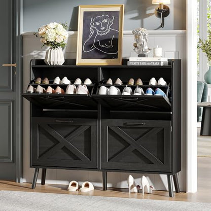 Maupvit Large Shoe Storage Cabinet with 4 Flip Drawers, Narrow Shoe Cabinet for Entryway with Wooden Legs, Freestanding Hidden Shoe Rack Organizer ＆ Metal Hinges, Black - color: Black, style: 4-Drawers
