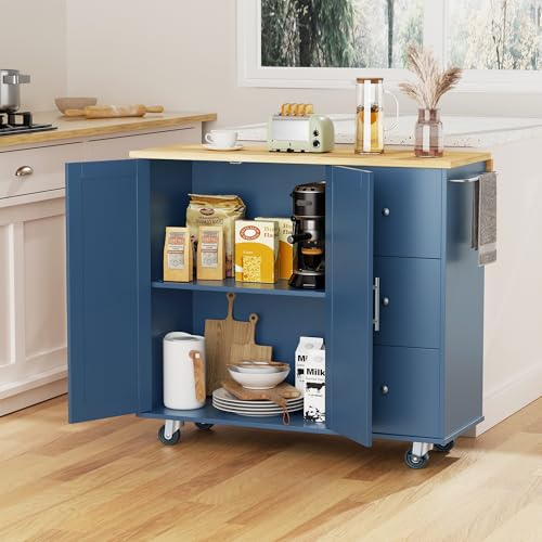 JY QAQA 40" Kitchen Island Cart Furniture cart on Wheels Rolling Portable Dining Room Serving Utility Carts Mobile Movable with Drawers Cabinet,Blue