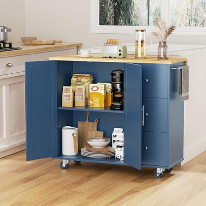 QAQA 40" Kitchen Island Cart Furniture cart on Wheels Rolling Portable Dining Room Serving Utility Carts Mobile Movable with Drawers Cabinet,Blue - color: Blue, size: 40-IN