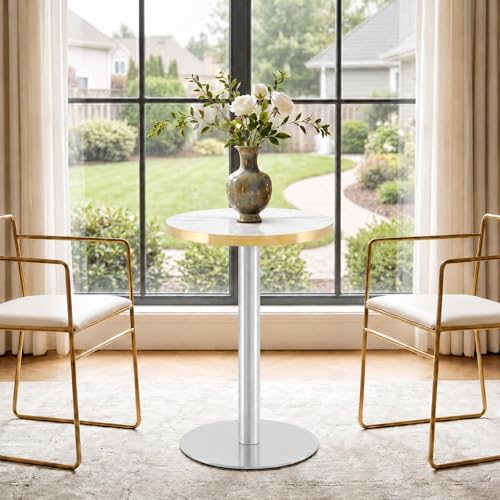 TesNus 23.6" Small Round Dining Table for 2, Circle Tulip Table, Faux Marble Top with Silver Metal Pedestal Base, Modern Leisure Coffee Table for Small Spaces, Cafe, Office, White&Silver - color: White Top&silver Base