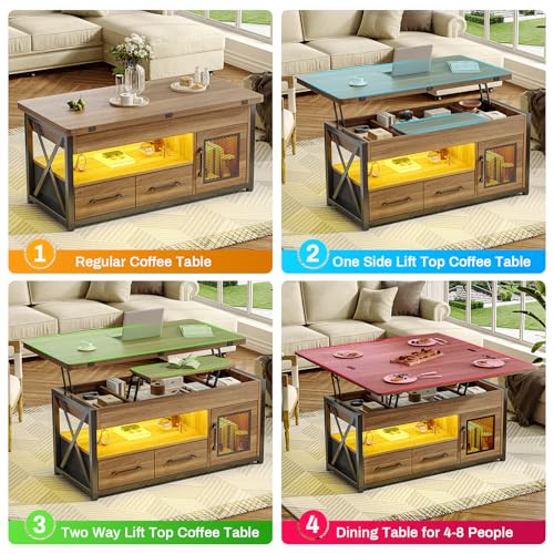 Itaar 40" Lift Top Coffee Table with Storage for Living Room, 4 in 1 Table | Walnut LED Expandable Coffee Table with 2 Fabric Drawers & LED Light & Hidden Compartmen for Dining Living Room Table - color: Walnut