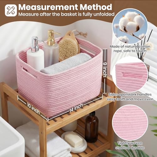 Storage Baskets for Organizing, 14 x 10 x 9” Closet Shelf Woven Baskets, Square Bins with Handles, Cotton Rope Basket for Clothes, Office, Room, Pink 3 Pack - color: Pink, size: 3pcs