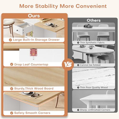 Jocoevol Space Saving Folding Dining Table for 4, Foldable Dining Table with Drawer and Storage Shelf, 6 Wheels Drop Leaf Kitchen Dining Room Table for Small Space (Natural, 47.2" x 23.6" x 29.9") - color: Oak