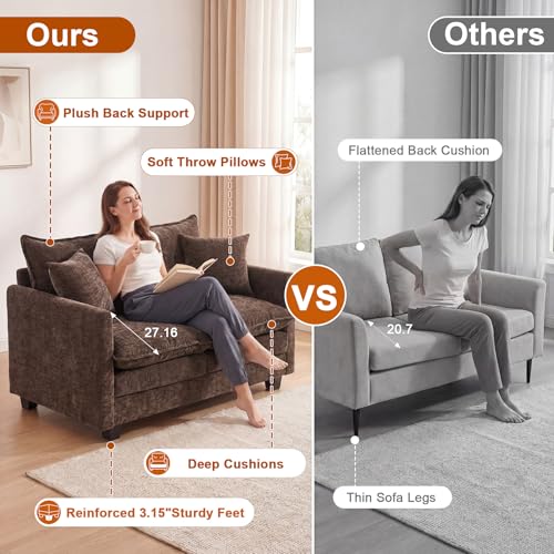50'' Loveseat Sofa Set, Small Couch Set 2 Piece Cloud Love Seat with 27" Deep Seat Washable Chenille Pillows Couches for Small Spaces Apartment Living Room, Brown - color: Brown, size: 50"+50"