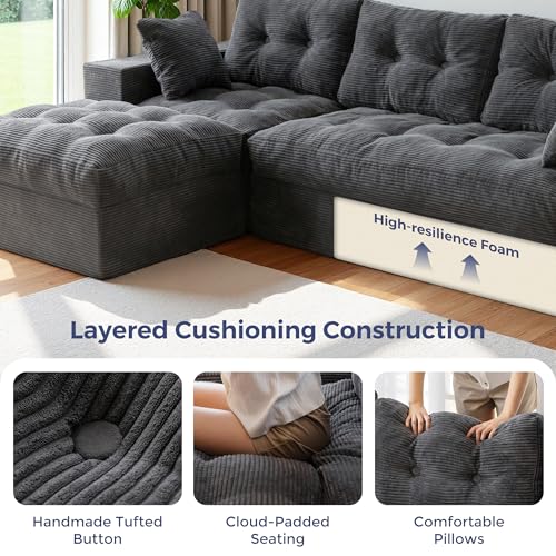 MAXYOYO Boneless Couch, 96-Inch L-Shaped Cloud Couch with Ottoman | Dark Grey Layered Cushion and Flexible Modules Create an Upholstered Sofa in a Box, No Assembly for Spacious Living Rooms. - color: Dark Grey, size: 96" L Shape