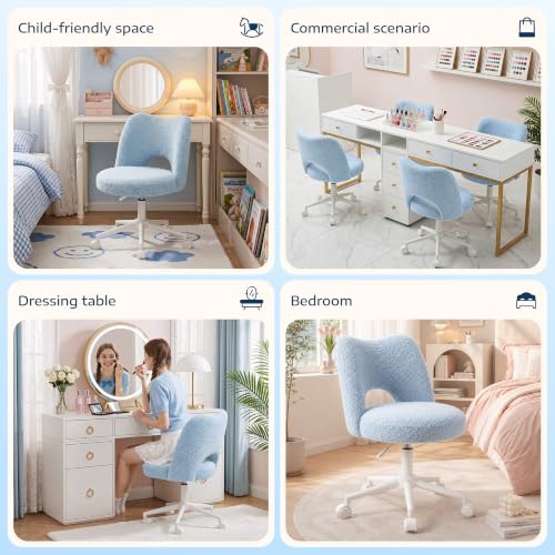 DurayLoly Vanity Chair with Wheels,Open Back, Armless,Light Blue | Chair Soft Teddy Fabric 6" Thick Cushion, Height Adjustable 17.5"–21.5", 360° Swivel for Vanity Table, Home Office - color: Light Blue
