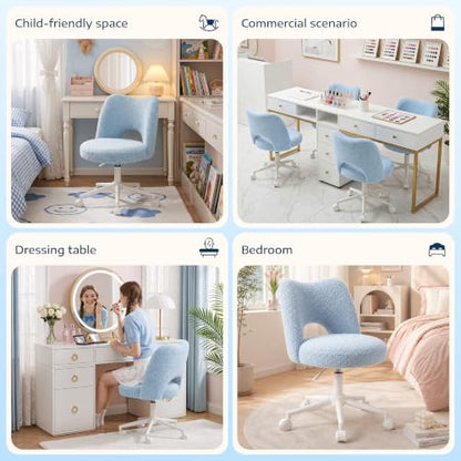 DurayLoly Vanity Chair with Wheels,Open Back, Armless,Light Blue | Chair Soft Teddy Fabric 6" Thick Cushion, Height Adjustable 17.5"–21.5", 360° Swivel for Vanity Table, Home Office - color: Light Blue