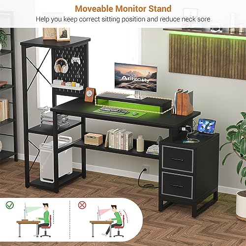 Computer Desk with 2 Fabric Drawers - Reversible Home Office Desk with Power Outlet & LED Lights, 53" Writing Desk with Monitor Stand & Storage Shelves, Gaming Desk Study Table with Pegboard, Black - color: Black
