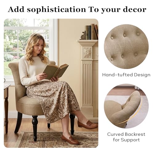 Upholstered Accent Chair, French Country Side Chair (1, Light Brown) | with Tufted Backrest, Thick Padded Seat and Solid Wood Legs for Bedroom, Living Room, Vanity & Reading Nook - color: Light Brown
