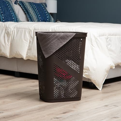 Mind Reader Slim Laundry Hamper with Lid, 60L Clothes Basket, Ventilated Plastic, Brown - color: Brown, size: Single