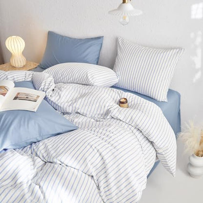 Wake In Cloud - Striped Cotton Duvet Cover Set, Ticking Stripe Vertical Pinstripe Farmhouse, 100% Washed Cotton Textured Bedding Set, 3 Pieces, Blue White, Full Size - color: Blue White, size: Full