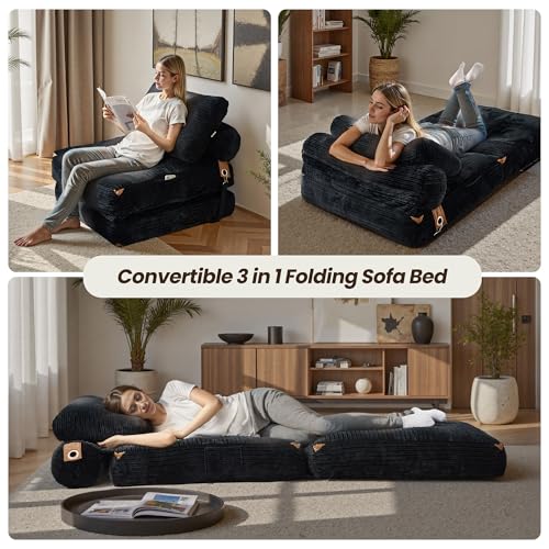 ovios Folding Sofa Bed, Foldable Sleeper Chair Floor Futon, Comfy Portable Convertible Fold Out Lounge Chairs for Living Room Bedroom, Black - color: Black