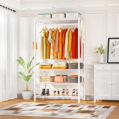 H4 Portable Closets, 4-Tier Metal Clothes Garment Rack for Bedroom and Cloakroom, Clothing Closet Storage and Organizer Wardrobe, 35.4" W x 14" D x 76.4" H, White | White Freestanding Clothing Closet Storage and Organizer Wardrobe for Apartment and Cloakr