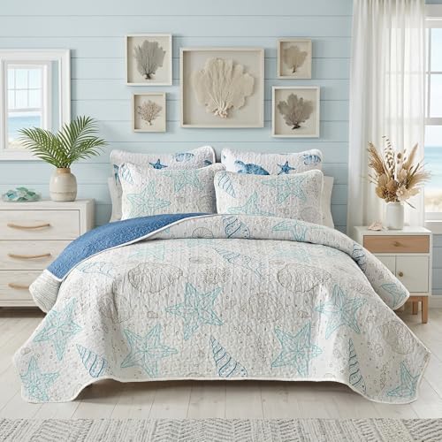 Coastal Quilt Sets Twin Size - Reversible Microfiber Ocean Style with Starfish Scallop Shell Soft Beach Bedding Nautical Bedspread Coverlet Summer Comforter with 1 Sham - color: Starfish, size: Twin-68x86 in