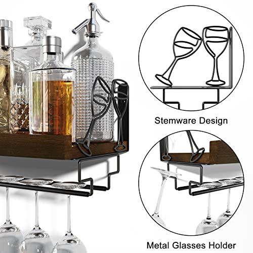 Love-KANKEI Wine Rack with Stemware Hanger,Solid Wood,17inch,Dark Brown | Wine Glass Rack,Floating Wall Shelf,Easy to Install,40 Lbs/shelf,For Kitchen,Dinning Room,Home Bar,Living Room,Elegant Design - color: Dark Brown