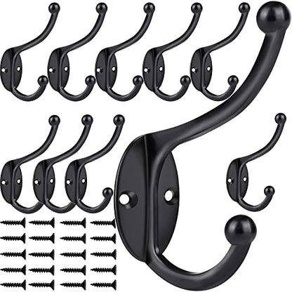 ZEYU Wall Hooks,10Pcs Coat Hooks Hardware Towel Hooks for Hanging Coats Double No Rust Black Robe Hooks Wall Mounted with Screws for Key, Towel, Bags, Cup, Hat - color: 10Pcs Black