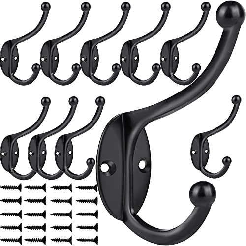 ZEYU Wall Hooks,10Pcs Coat Hooks Hardware Towel Hooks for Hanging Coats Double No Rust Black Robe Hooks Wall Mounted with Screws for Key, Towel, Bags, Cup, Hat - color: 10Pcs Black