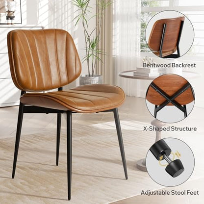 Dining Chairs Set of 4, Mid Century Modern Dining Room Chairs, Upholstered Faux Leather Kitchen Chairs with Walnut Bentwood Back and Metal Legs, Brown - color: Brown, size: Set of 4