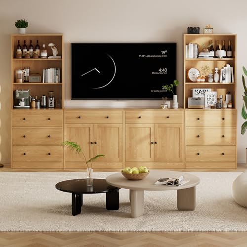 TUSY 71" Large TV Stand Set - TV Entertainment Center for TVs up to 65", Media Center with Tempered Glass Doors and Drawer, TV Hutch with Bookshelves for Living Room (Wood, BEEB) - color: Wood