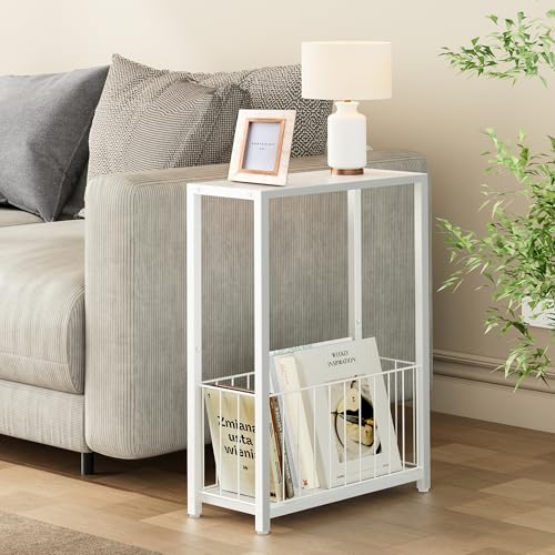 Homleke Narrow Side Table with Magazine Holder, Skinny End Table | Space-Saving Design, Small Spaces, Storage Shelf, Metal Frame, Easy Assembly, 7.1" D x 16.9" W x 23.6" H, White - color: White - Standard