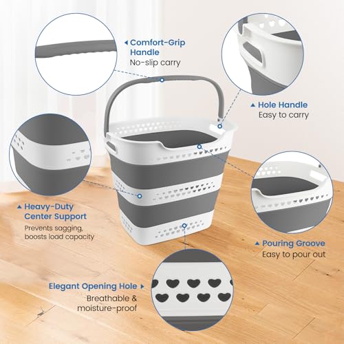 42L Collapsible Laundry Baskets with Handle, Large Laundry Hamper Plastic for Dirty Clothes, Pop Up Hampers Portable Bin Storage Basket Organizer for Home Dorm Room Organization RV Camping Essentials