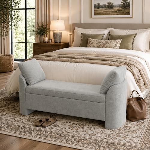 Usaint 58.3" Upholstered Storage Ottoman Bench with 2 Throw Pillows, Grey | End of Bed Bench with Curved Arms and Thickened Seat Cushion for Bedroom, Livingroom, Window, Entryway and Dressing Areas - color: Grey