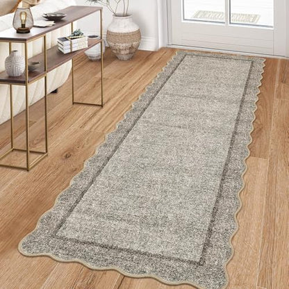 GarveeHome Scalloped Washable Runner Rug 2x8 Modern Non Slip Kitchen Runner | Distressed Low Pile Entryway Rug Soft Bathroom Rugs Stain Resistant Carpet for Bedroom Hallway Laundry 2'x8' Brown - color: Brown, size: 2' x 8' (Runner)