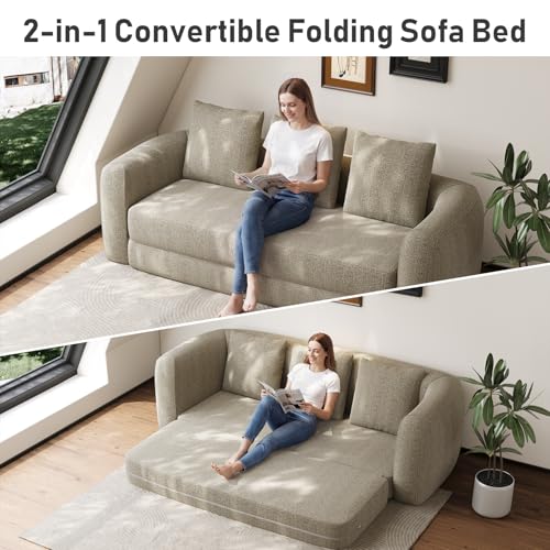 Curved Convertible Futon Sofa Bed,Modern Boneless Sleeper Couch,Curved Modern 3 Seater Cloud Couch - color: Light Brown, size: 90''