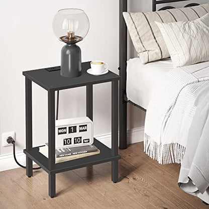 TUTOTAK End Table with Charging Station, Side Table Set of 2, Nightstand | 2-Tier Storage Shelf, Bedside Table with USB Ports, Sofa Table for Small Space, Livingroom, Bedroom Black TB01BK041 - color: Black