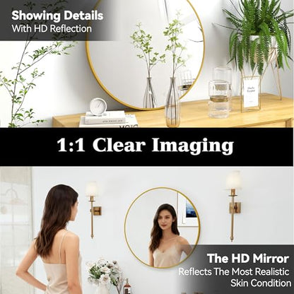 SCWF-GZ 24" Round Mirror Circle Wall Mounted Hanging or Against Wall Metal Frame Dressing Make-up Mirrors for Entryway Bedroom Bathroom Living Room 24 inch Gold | HD Crystal Clear No distortion Tempered Glass,Aluminum Frame,Make-Up Mirrors for Bedroom,Ent
