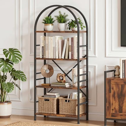 Vongrasig Industrial Arched Bookshelf, 4 Tier Open Bookcase | Sturdy Wood and Metal Display Standing Shelf for Home Office, Living Room, Bedroom, Rustic Brown - color: Rustic Brown