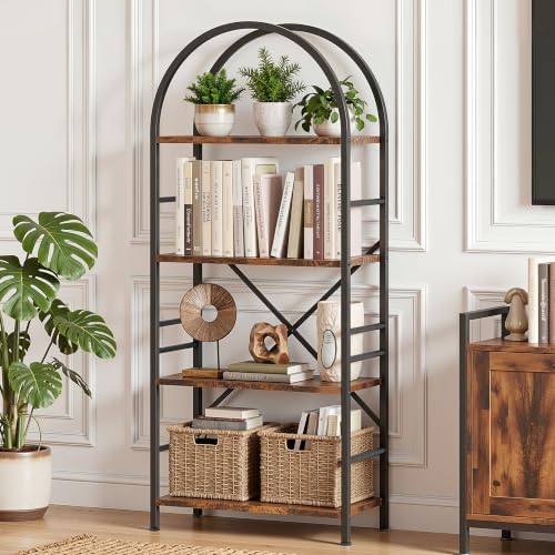 Vongrasig Industrial Arched Bookshelf, 4 Tier Open Bookcase | Sturdy Wood and Metal Display Standing Shelf for Home Office, Living Room, Bedroom, Rustic Brown - color: Rustic Brown