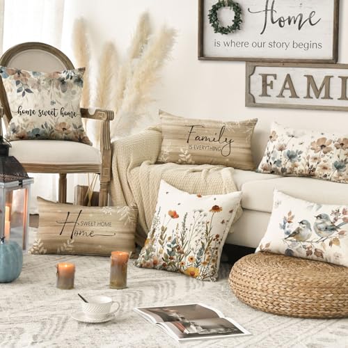 AVOIN colorlife Chinoiserie Poppy Flowers 12x20 Inch Pillow Covers Set of 4 | Chickadee Home Sweet Home Floral Seasonal Autumn Harvest Decoration for Sofa Couch Farmhouse Living Room Decor - size: 20" x 12" (Pack of 4)