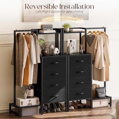 Yoobure Black Dresser with Hanging Rack - Small Closet with 4 Fabric Storage Drawers, 44" H Dresser with Clothes Rack, Chest of Drawer, Kids Dressers for Bedroom, Dorm, Living Room, Sturdy Frame - color: Black