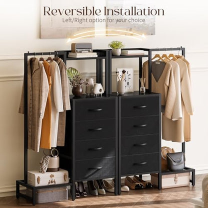 Yoobure Black Dresser with Hanging Rack - Small Closet with 4 Fabric Storage Drawers, 44" H Dresser with Clothes Rack, Chest of Drawer, Kids Dressers for Bedroom, Dorm, Living Room, Sturdy Frame - color: Black