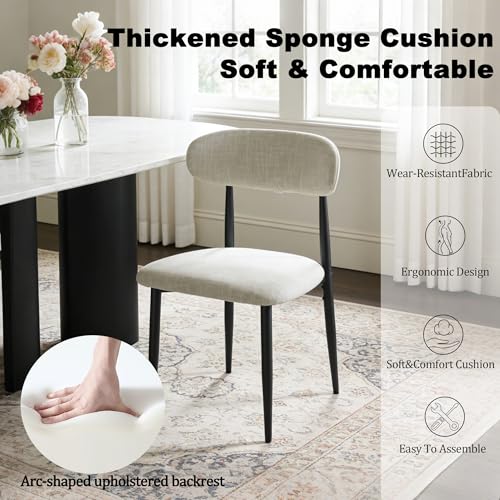 FREKEN Modern Upholstered Dining Chairs Set of 8, Mid-Century Metal Frame Linen Fabric Side Chair for Kitchen Dining Room, 350lbs Capacity, Beige - color: Beige - Black Legs, size: Set of 8