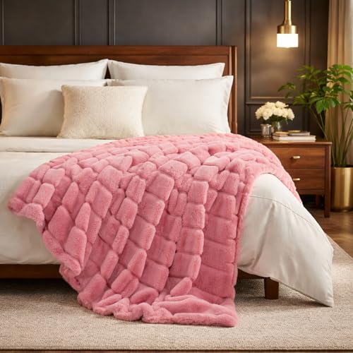 Cozy Bliss Deluxe Sheared Rabbit Faux Fur Throw Blanket, Soft Fuzzy High-Low Sculpted Plush Blanket for Couch, Cozy Home Accent, All Season Use, Pink 60"x80" - color: Striped - Pink, size: Twin(60" x 80")