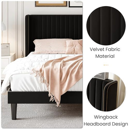 SHA CERLIN Full Size Velvet Bed Frame, Tufted Wingback Headboard, Black | 47'' Modern Vertical Channel Headboard, Upholstered Platform Bed, Wood Slats, No Box Spring Needed, Easy Assembly, Noise Free - color: Black, size: Full