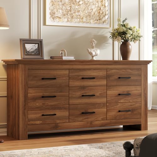 9 Drawer Dresser for Bedroom, Wood Dresser Chests of Drawers with Metal Handle, Triple Wide Dressers, Vintage Design Storage Chest Cabinet and Organizer Drawers for Closet, Hallway, Entryway, Walnut - color: Walnut, size: 15.6"D x 59.1"W x 31.3"H (9 Drawe