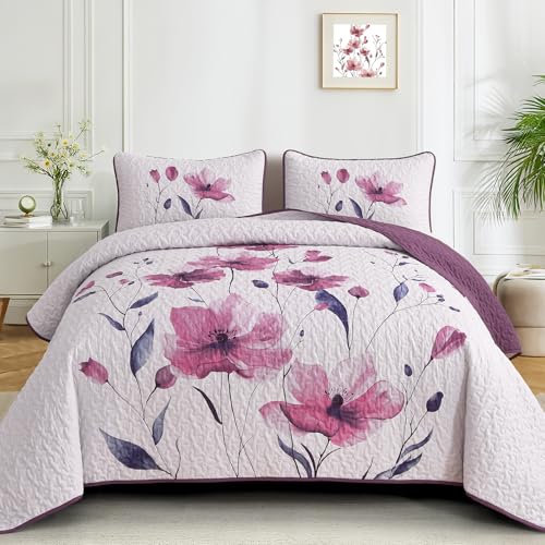Mybedsoul Floral Quilt Set Queen Size, 3 Pieces Rose Pink Bedspread Coverlet Set, Lightweight Farmhouse Botanical Bedding Set for Fall Winter All Season(96"x90") - color: Rose Pink, size: Queen96"x90"