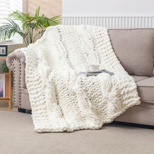 WESHIONGOO Chunky Knit Blanket Throw 50"×60" Knitted Throw Blankets for Couch Bed Fluffy Soft Blanket with Jumbo Chenille Yarn Thick 100% Handmade (Cream White) - color: Cream White, size: 50"x60"