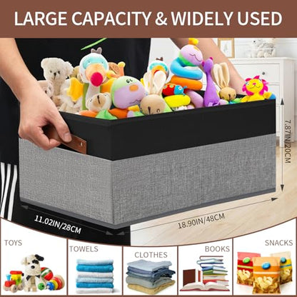 3 Pack Large Capacity Storage Bins Closet Organizer for Shelves | Fabric Closet Storage Baskets Boxes with Leather Handles for Organizing Clothes, Sheets, Jeans, Toys, Books (Black and Grey) - style: 3 Pack Black & Grey